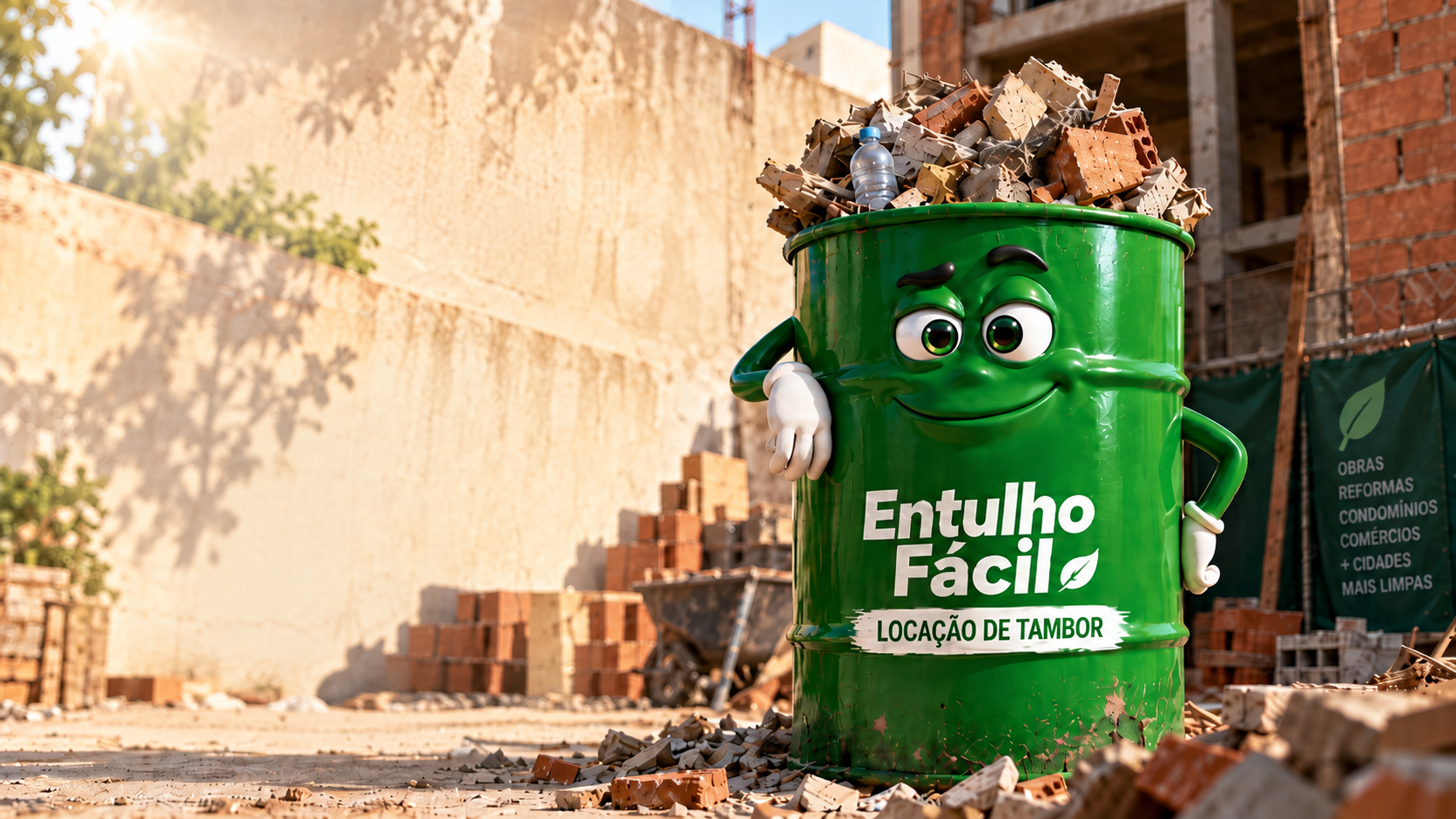 Tambor verde cheio de entulho em uma obra